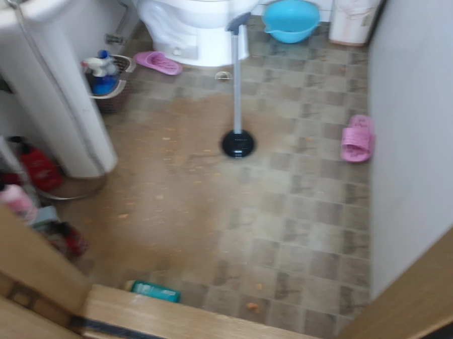 변기물넘침 현장, 화장실 바닥에 물이 고인 모습